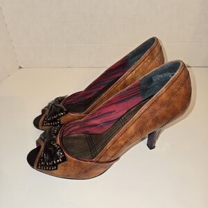 Bobbi Blu Basha Brown Leather Peep Toe Heels Shoes. Office Boho Classic